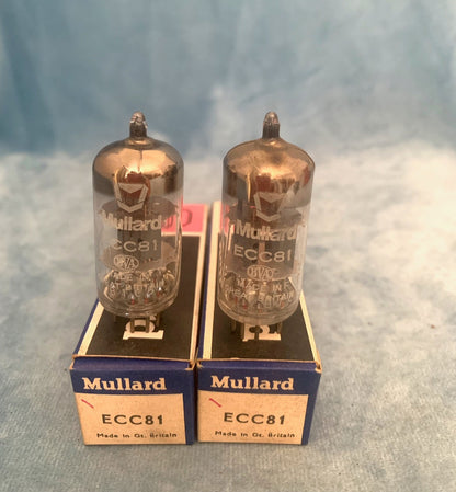 ECC81, MULLARD ,NEW SHIELD, WHITE PRINT, PAIR, SAME FACTORY CODE KRADLEPAK, NOS, VF3 B1D4, BLACKBURN,  1971 MANUFACTURE