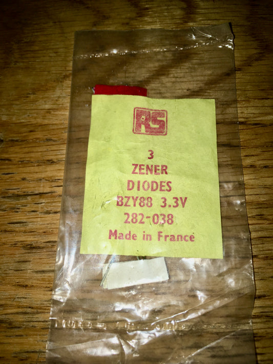 BZY88, C3V3,  500mW ZENER DIODES, PACK OF 3X, RS COMPONENTS, 282-0383