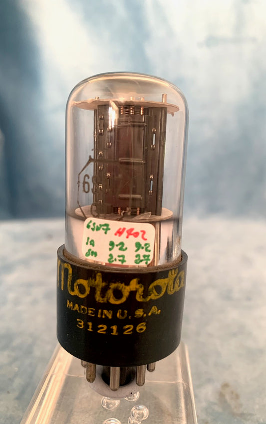 6SN7GT, MOTOROLA,  CLEAR GLASS, 3 RIB CHARCOAL PLATE, YELLOW BASE PRINT, 6SN7