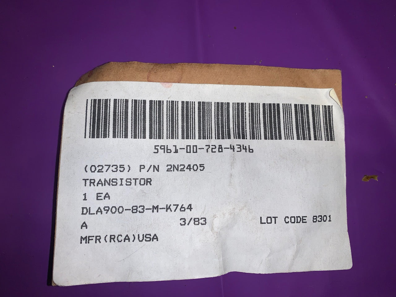 RCA , 2N2405 ,Transistor, NPN, High Voltage, Current & Fast Switching Transistor, Triple Diffused