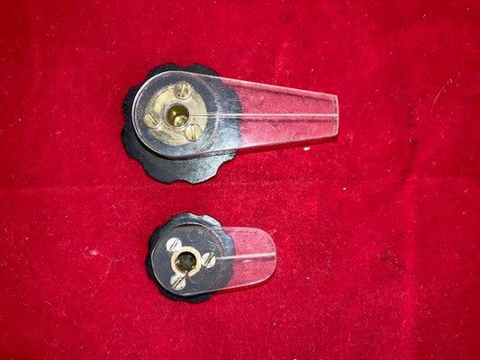 MARCONI, KNOBS X2, OCTAGONAL FLUTE, WITH PERSPEX INDEX,  BLACK BAKELITE,  6MM SHAFT,  40mm & 30MM DIA,