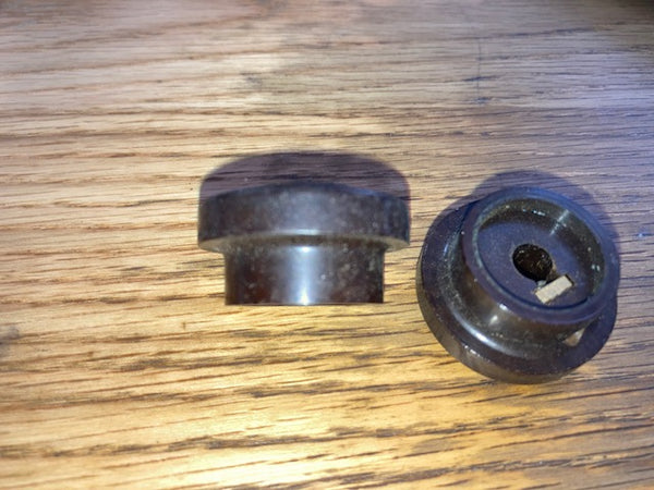 PAIR, 2X, BROWN BAKELITE, KNOB, BULGIN, K264, BRASS BUSH, 6 MM SHAFT, 32mm DIA,  18mm HIGH,