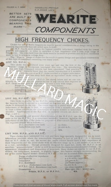 WEARITE, HF CHOKES, LEAFLET, 1930S