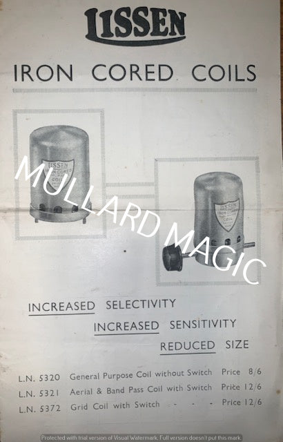 LISSEN, IRON CORED COILS, LEAFLET, 1930S – MULLARD MAGIC
