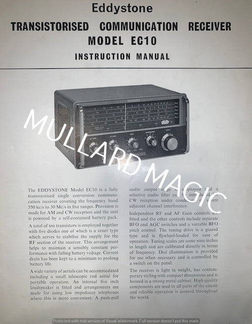 EDDYSTONE, TRANSISTORISED COMMUNICATIONS RECEIVER, MODEL EC10, INSTRUCTION MANUAL