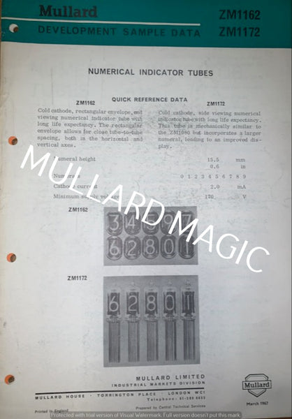 MULLARD, DEVELOPMENT SAMPLE DATA, ZM1162, ZM1172, NIXIE TUBES, 1967, 2X DOCUMENTS
