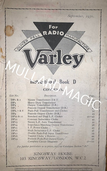 VARLEY, INSTRUCTION BOOK D , LOOSE REAR COVER, 1930