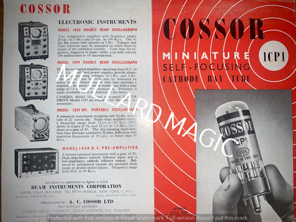 COSSOR, MINIATURE, CATHODE RAY TUBE, CRT, 1CP1, LEAFLET