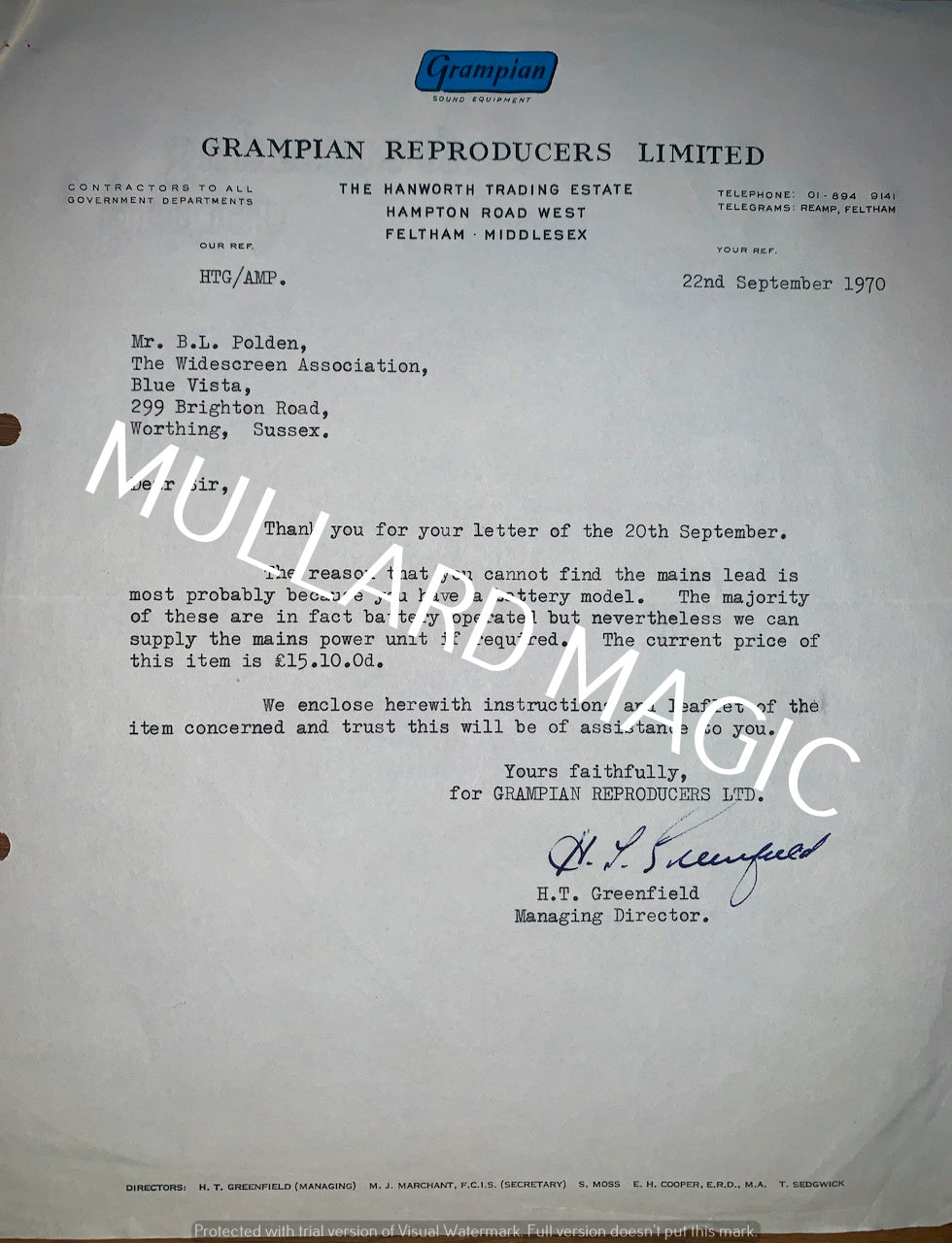 GRAMPIAN REPRODUCERS, LETTERHEAD, 1970
