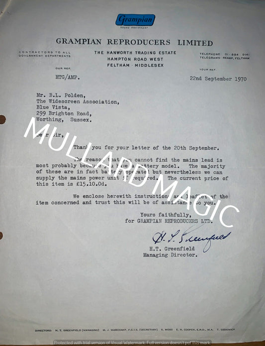 GRAMPIAN REPRODUCERS, LETTERHEAD, 1970