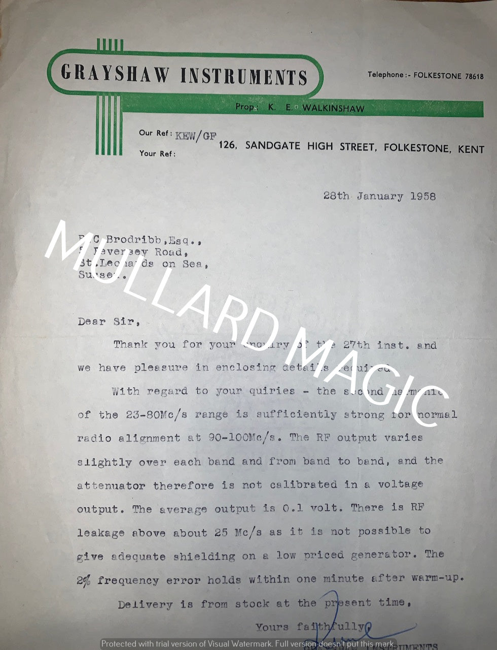 GRAYSHAW INSTRUMENTS, LETTERHEAD – MULLARD MAGIC