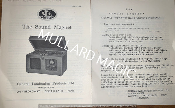 THE SOUND MAGNET, MAGNETIC TAPE RECORDER,  GENERAL LAMINATION PRODUCTS LTD., 1949,  LEAFLET & PRICE LIST