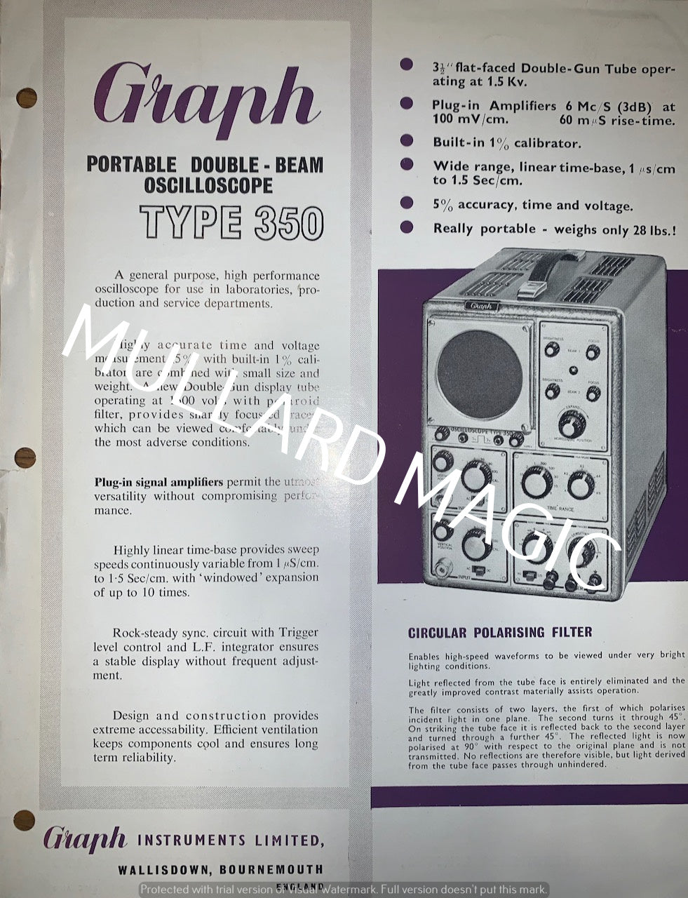 GRAPH, GRAPH INSTRUMENT, PORTABLE DOUBLE BEAM OSCILLOSCOPE, TYPE 350, LEAFLET