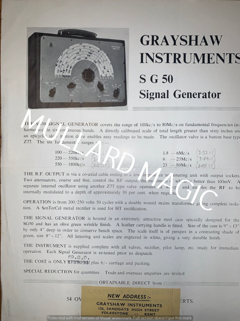 GRAYSHAW INSTRUMENTS, SG50, SIGNAL GENERATOR, LEAFLET