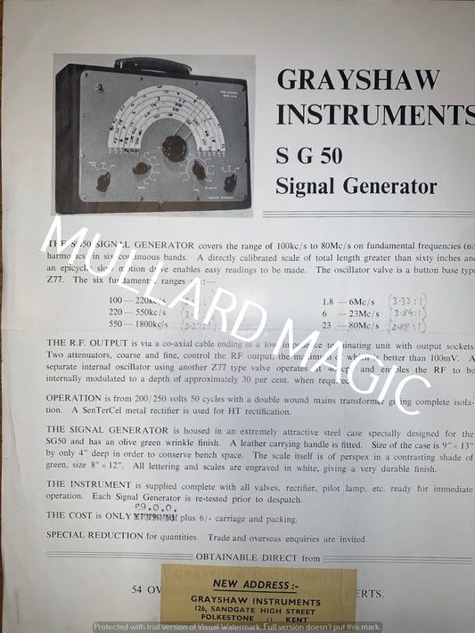 GRAYSHAW INSTRUMENTS, SG50, SIGNAL GENERATOR, LEAFLET