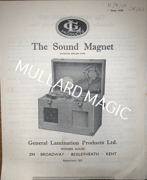THE SOUND MAGNET, MAGNETIC TAPE RECORDER,  GENERAL LAMINATION PRODUCTS LTD., 1950,  LEAFLET