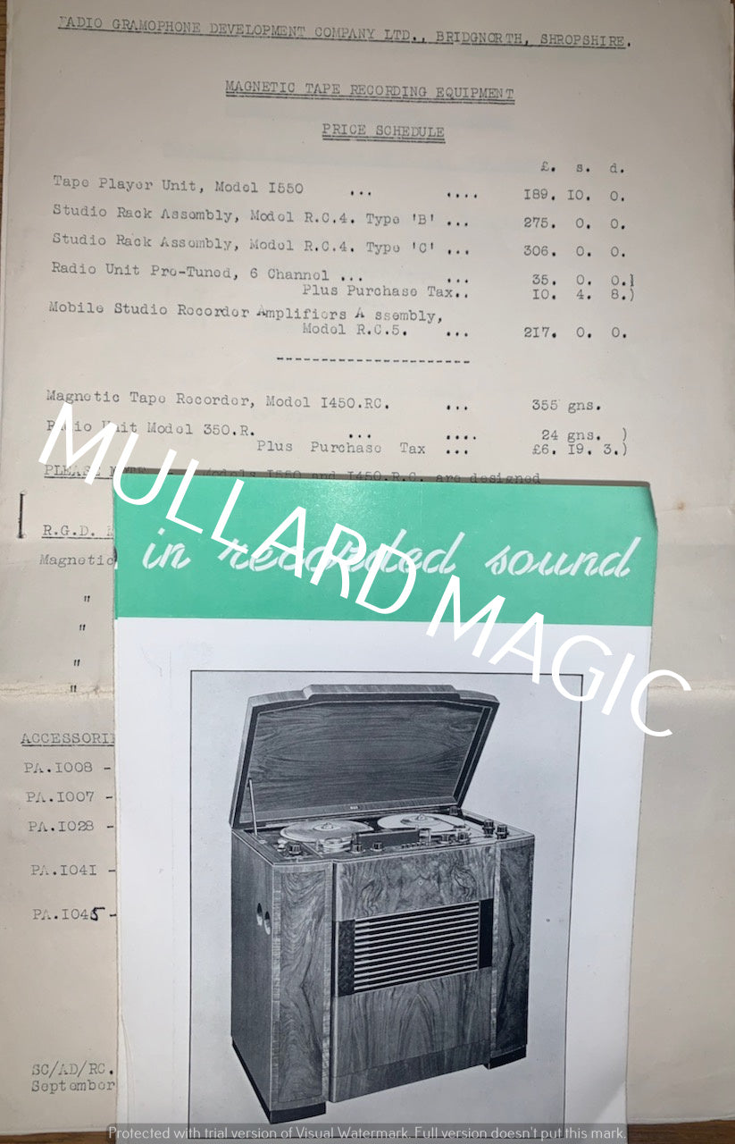 RADIO GRAMOPHONE DEVELOPMENTS, RGD, MAGNETIC TAPE RECORDER, MODEL 1450RC, LEAFLET & PRICE LIST