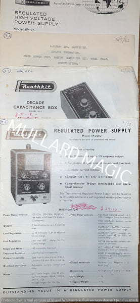 Heathkit, IP-2OU, Regulated Power Supply, DC-1, Decade Capacitance Box, IP-17, Regulated HV Power Supply, Specifications Sheets x3
