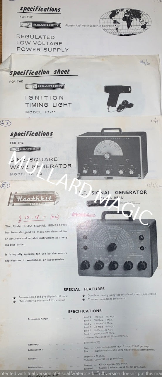 Heathkit, RF-1U, RF Signal Generator, ID-11,  Ignition Timing Light, IP-27, Regulated LV Power Supply, IG-82, Sine Square Wave Generator, Specifications Sheets x4
