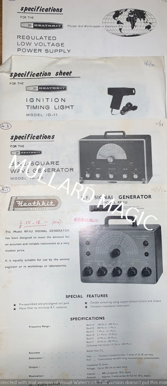 Heathkit, RF-1U, RF Signal Generator, ID-11,  Ignition Timing Light, IP-27, Regulated LV Power Supply, IG-82, Sine Square Wave Generator, Specifications Sheets x4
