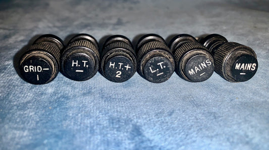 SET OF 6X, BELLING LEE, BINDING POSTS, BLACK, 16mm HEAD, 2BA, 8mm BOLT, LETTERED WITH, GRID-1,  HT-, HT2+, LT-, MAINS