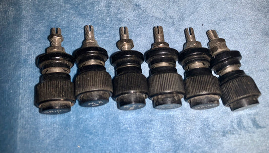 SET OF 6X, BELLING LEE, BINDING POSTS, BLACK, 16mm HEAD, 2BA, 8mm BOLT, LETTERED WITH, GRID-1,  HT-, HT2+, LT-, MAINS