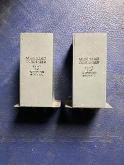 2X, MATCHED PAIR OF MUIRHEAD, PAPER IN OIL, PIO, PAPER BLOCK CAPACITORS, CERAMIC TERMINAL, 8uF @ 450V