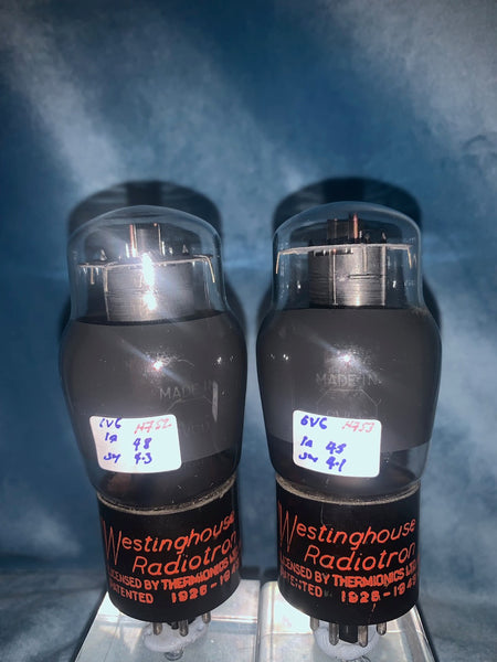 6V6G, WESTINGHOUSE RADIOTRON, MATCHED PAIR , BLACK GLASS, SAME FACTORY CODE L8, AUGUST 1951 PRODUCTION
