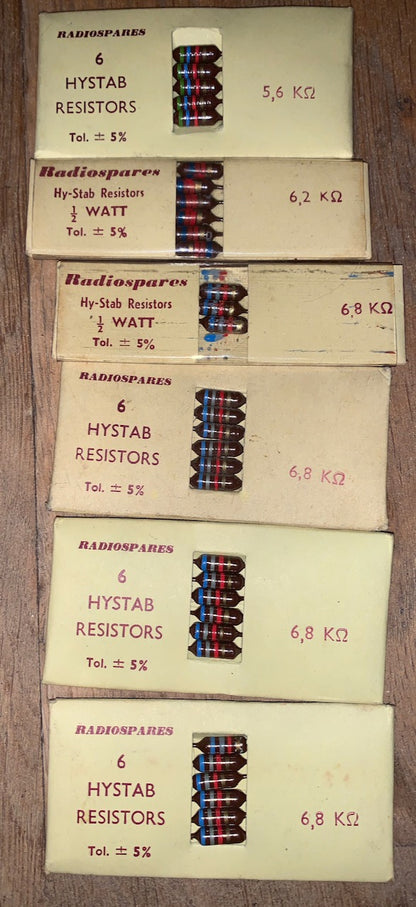 RS, RADIOSPARES, VINTAGE, 0.5W, SUBMINIATURE CARBON RESISTORS, VALUES 1K TO 4M BOXED 1960S