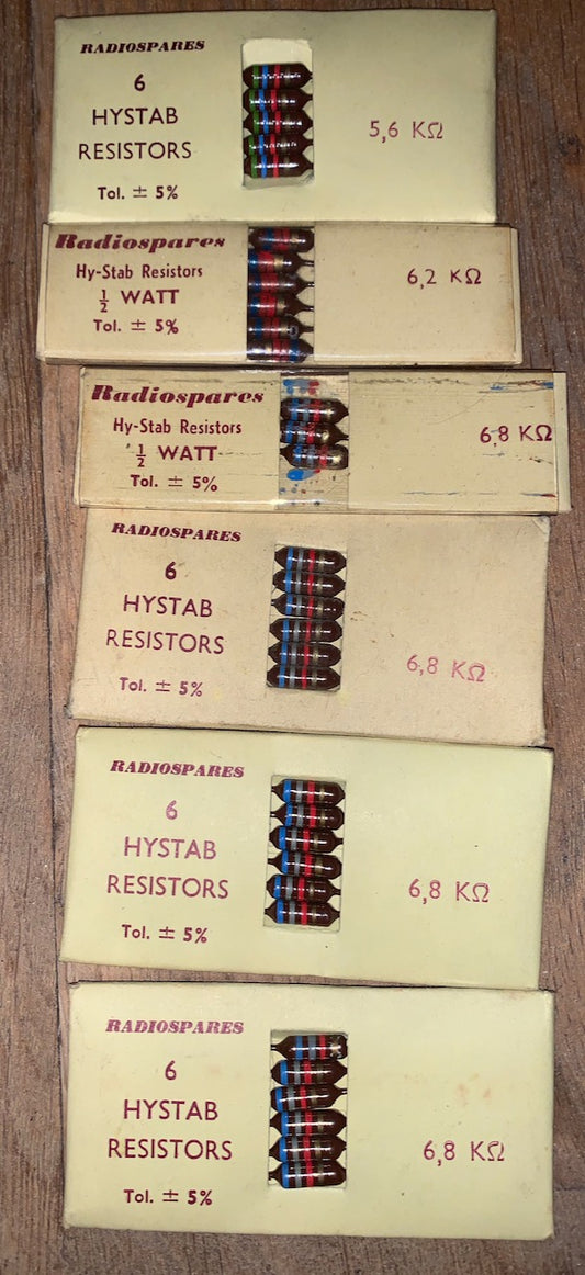 RS, RADIOSPARES, VINTAGE, 0.5W, SUBMINIATURE CARBON RESISTORS, VALUES 1K TO 4M BOXED 1960S