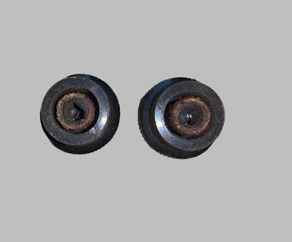 T SHAPED, MILLED EDGE, BROWN BAKELITE KNOBS, TONE, WAVECHANGE, POSSIBLY PHILIPS, 28mm DIA, 22mm HEIGHT