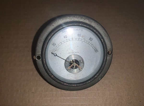 VINTAGE, NICKEL CASED, 73mm DIA.,MOVING COIL AMMETER, 0-100mA FSD, ENGLISH MADE