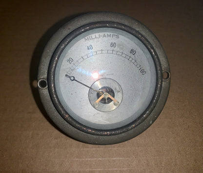 VINTAGE, NICKEL CASED, 73mm DIA.,MOVING COIL AMMETER, 0-100mA FSD, ENGLISH MADE