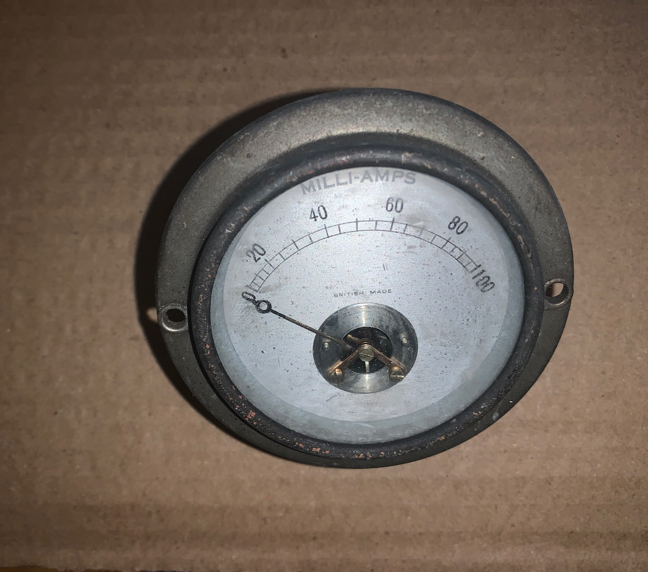 VINTAGE, NICKEL CASED, 73mm DIA.,MOVING COIL AMMETER, 0-100mA FSD, ENGLISH MADE