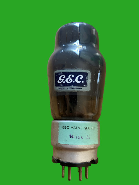 KT61, GEC,  METAL OVERCAPPED BLACK BASE,  LARGE  BLUE & WHITE SQUARE  DECAL, EX BBC VALVE STORES, NO KEYWAY, HAMMERSMITH DECEMBER 1952 PRODUCTION