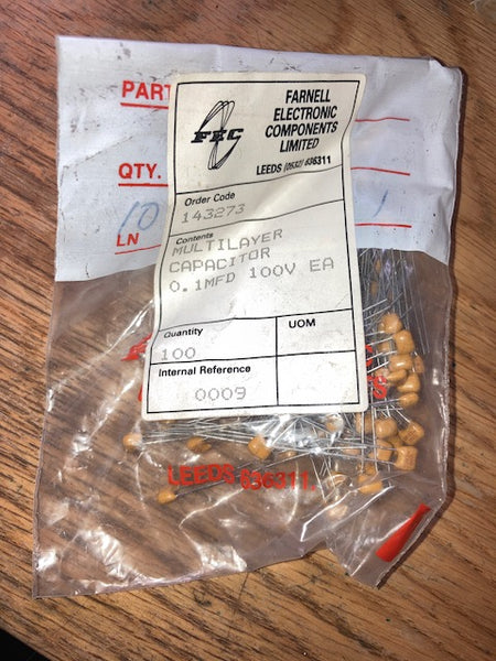 Capacitor, Ceramic Cap, 100nF,  0.1uF 100V, Farnell, 143-273 Bag of 100x