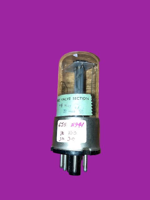 6J5GT, BRIMAR, CV1067,  BLACK BASE PRINT, METAL OVERCAP, ex BBC VALVE STORES, DATED 1956