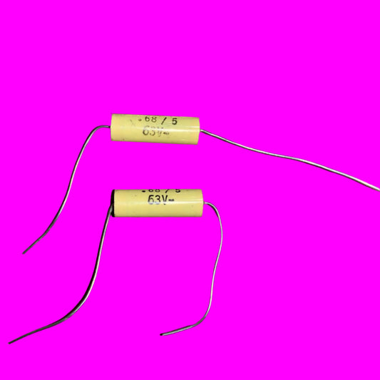 Plessey, MKT, polyester film, 0.68uF 63V axial capacitor