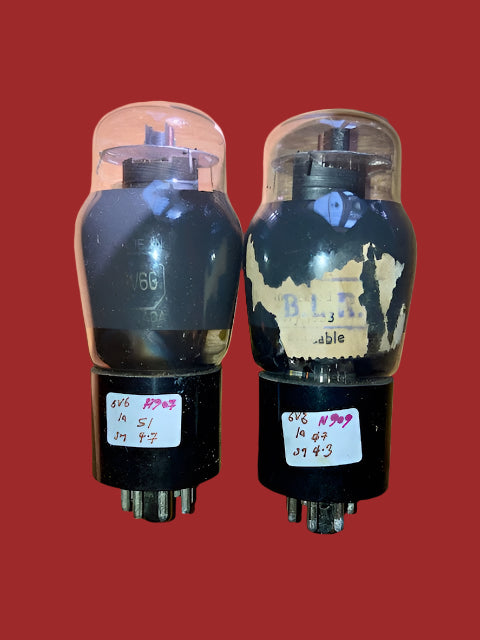 6V6G, CANADIAN WESTINGHOUSE RADIOTRON, MATCHED PAIR, RED BASE PRINT, MILITARY WW2 PRODUCTION, 6V6
