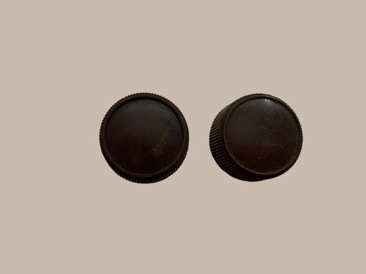 PAIR OF BROWN BAKELITE KNOBS, PEAKED, MILLED EDGE, 6mm DIA SHAFT, 28mm DIA, 12mm HiGH