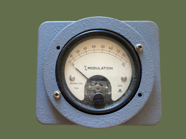 Marconi, 100uA Ammeter, 2.5ins / 65mm Dia., Scaled 0 - 90% Modulation, 1970 Dated, Mounted on metal plate,  100 x 90mm