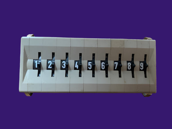 CONTRAVES, SWISS, THUMB WHEEL SWITCH BLOCK, MULTISWITCH SERIES M, 8 X 33mm, 7 WAY, 0 - 9 POSITION, M161S SWITCH MODULES WITH END CHEEKS, NEW UNUSED