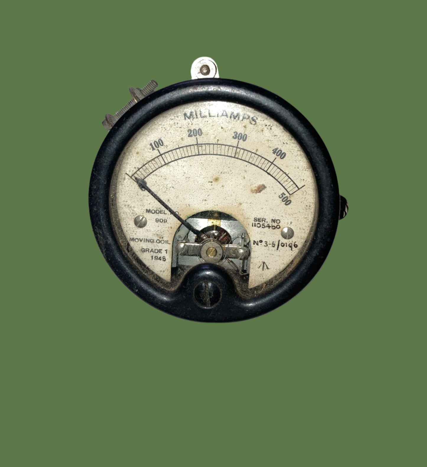 Weston Model no 909, moving coil meter, 53mm Dia,  Scaled 0-500mA, dated 1948