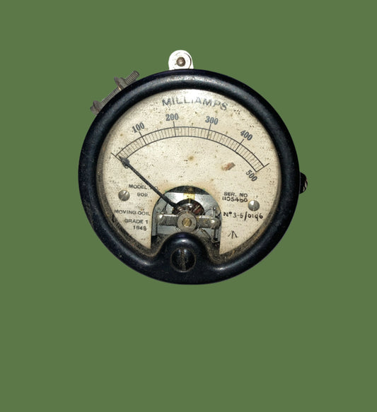 Weston Model no 909, moving coil meter, 53mm Dia,  Scaled 0-500mA, dated 1948