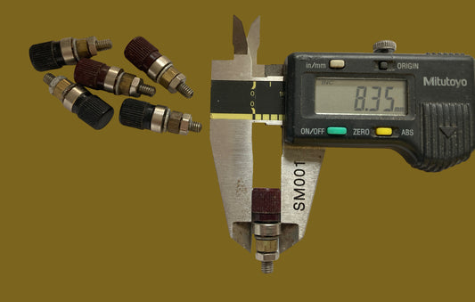 SET OF 6X, DAVIS & TIMMINS, BINDING POST, 3x MAROON, 3X BLACK,  8mm HEAD DIA,  10mm KNURL HEIGHT, 25mm PILLAR  HEIGHT,