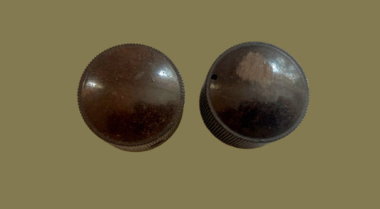 Pair, 2X, Brown Bakelite, Milled Edge Knob, Brass bushed, 25mm Dia, 18mm Height, 5mm Shaft