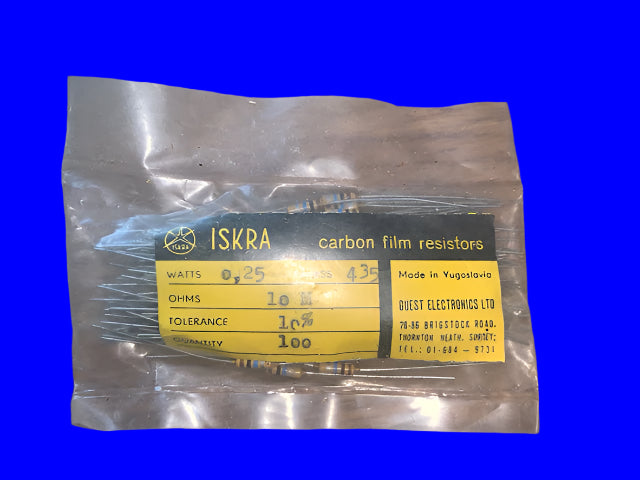 ISKRA, CARBON RESISTOR, UPM050, 10M, 0.25W, S76/5 SERIES, PACK OF 100
