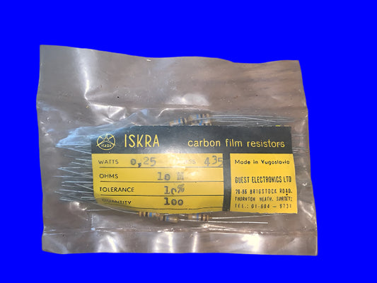 ISKRA, CARBON RESISTOR, UPM050, 10M, 0.25W, S76/5 SERIES, PACK OF 100