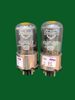 6J5GT, MULLARD, AMERTY, CV1067,  MATCHED PAIR, WHITE OLD SHIELD PRINT, METAL OVERCAP, ex BBC VALVE STORES, DATED 1957