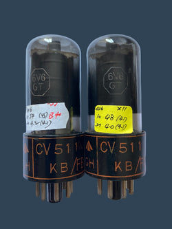 CV511, MIL SPEC 6V6GT, BRIMAR,  MATCHED PAIR, BLACK GLASS, BLACK BASE WITH ORANGE PRINT, STC FOOTSCRAY AUGUST 1951 PRODUCTION  6V6